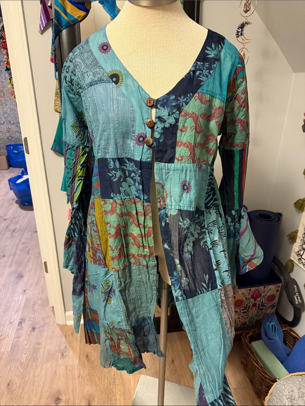 Boho Patchwork V-Neck Long Sleeve Jacket in Teal and Navy - Picture 4 of 9